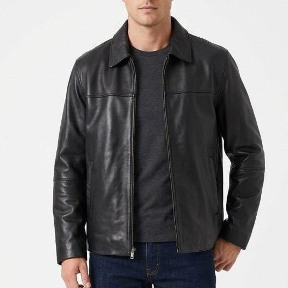 VTG Claiborne Mens Black Lambskin Leather Jacket L Y2K Zipper Bomber Quilted EUC